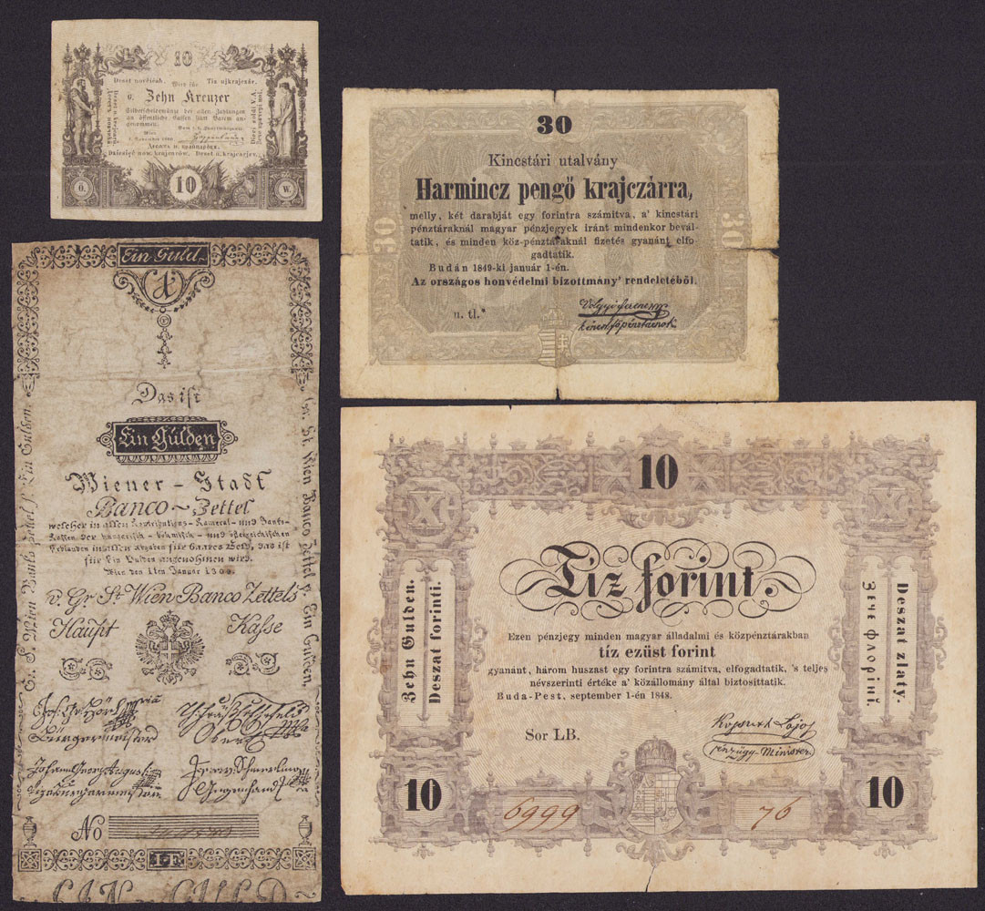 Austria, Węgry. 10 krajcarów 1860, pengo 1849, 1 gulden 1800, 10 forintów 1848, zestaw 4 banknotów - RZADKIE